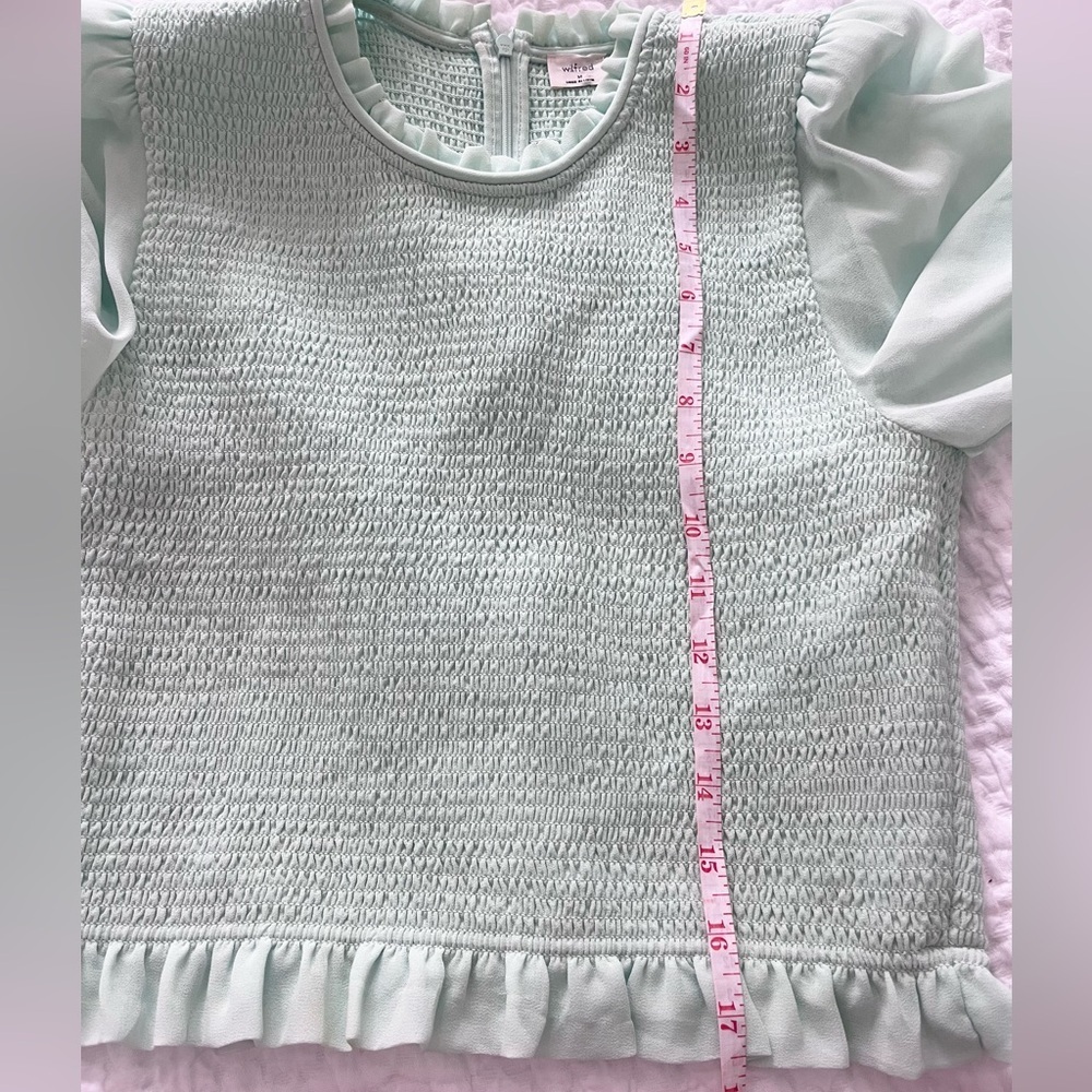 Aritzia Wilfred Pale Mint Smocked Chiffon Ruffle Temptest Top Cottagecore - Picture 8 of 8